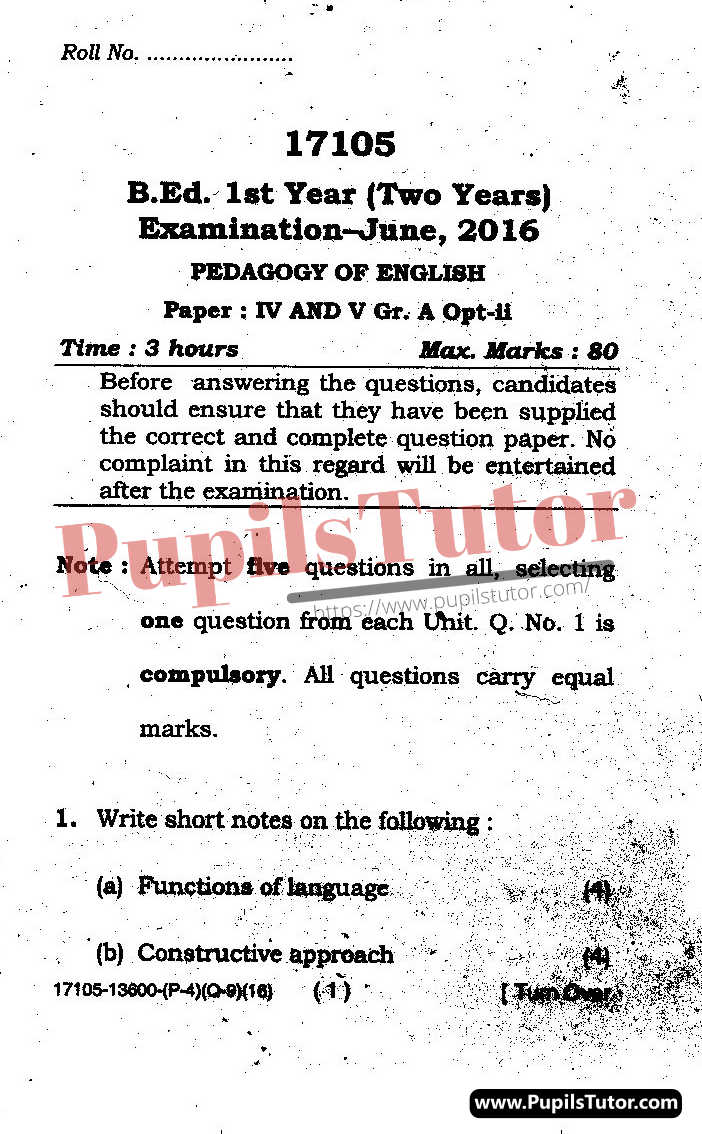 CRSU (Chaudhary Ranbir Singh University, Jind Haryana) BEd Regular Exam First Year Previous Year Pedagogy Of English Question Paper For May, 2016 Exam (Question Paper Page 1) - pupilstutor.com