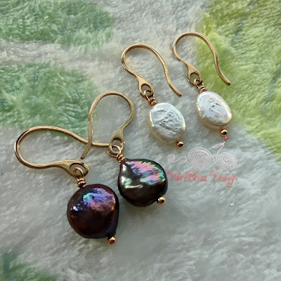 Wire wrapped coin and baroque pearl dangle earrings with vacuum plated stainless steel wire