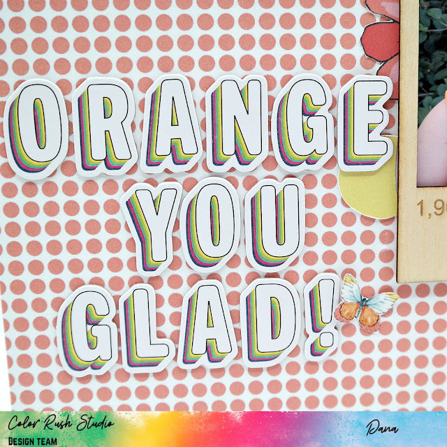 Orange you glad orange teen scrapbook layout with fussy cut flowers and butterflies created by Dana Tatar using the May Color Rush Studio Main Kit.
