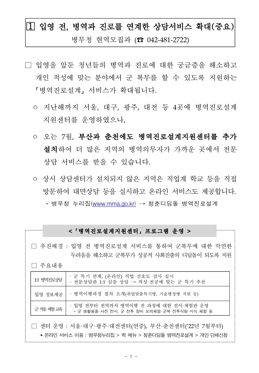 부산 춘천 병역진로설계지원센터 운영 병무청 서울 대구 광주 대전 직업 선호도 검사 전시관 체험관