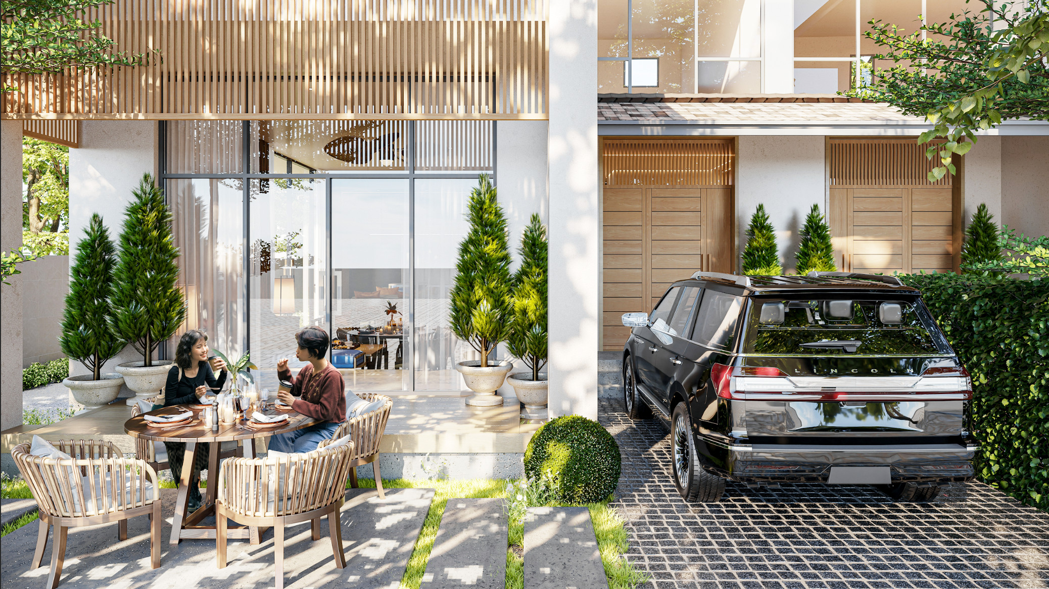 Không gian để xe và sân vườn bàn trà