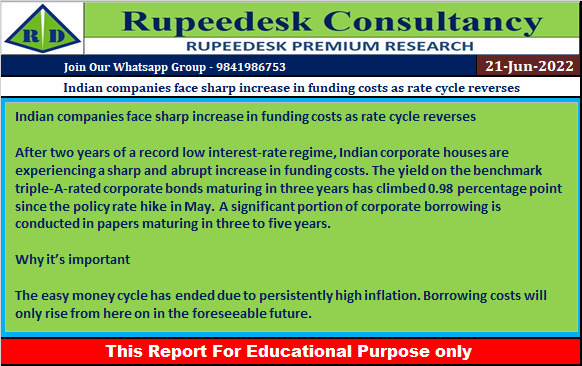 Indian companies face sharp increase in funding costs as rate cycle reverses - Rupeedesk Reports - 21.06.2022