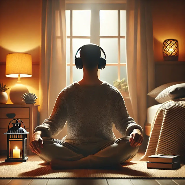 A person sitting comfortably with headphones on, listening to guided meditation, in a cozy room with soft lighting.