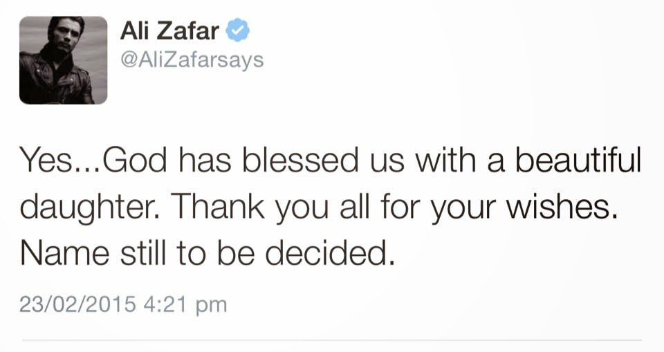 Ali Zafar Blessed with a Baby Girl twitter