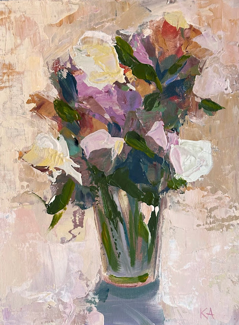 Impressionist still life with flowers painting by Connectcicut artist Karri Allrich. Acrylic paint on canvas panel.