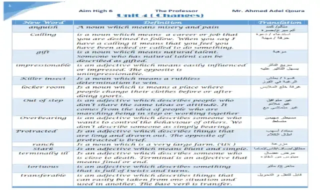 مذكرة لغة انجليزية لمنهج Aim High 6 مستر احمد عادل قوره موقع درس انجليزي منهج aim high 6