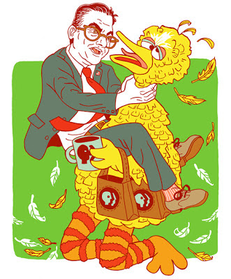 Mitt Romney choking Big Bird. Michael Musto as Mitt Romney.