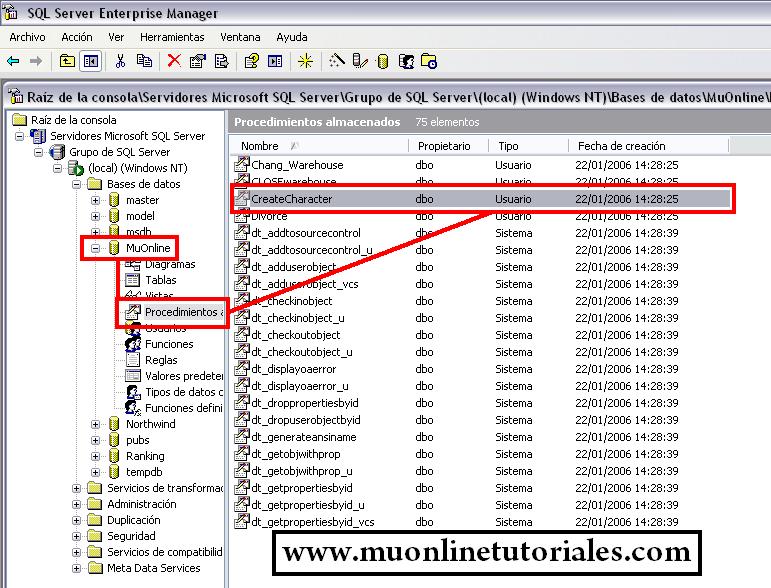 Ingresando al procedimiento almacenado CreateCharacter