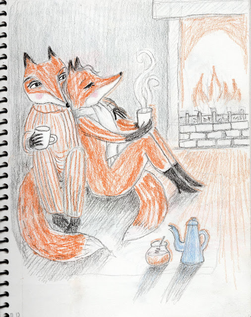 AideArt Sketchbook fox werefox fireplace winter teatime hot tea illustration art drawing pencil