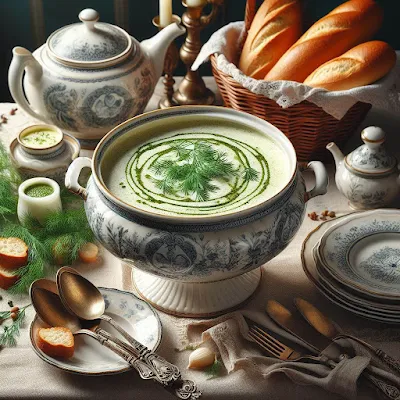 Auf dem Bild ist eine Suppenterrine befüllt mit einer Nordseekrabbensuppe verfeinert mit einer Dillsahne zu sehen. Die Suppe sieht sehr lecker und appetitlich aus.