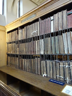 Shelves and lectern desk in the Hereford Cathedral Chained Library