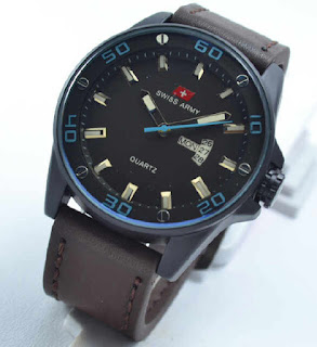 jam tangan Swiss army date day darkbrown leather blue.