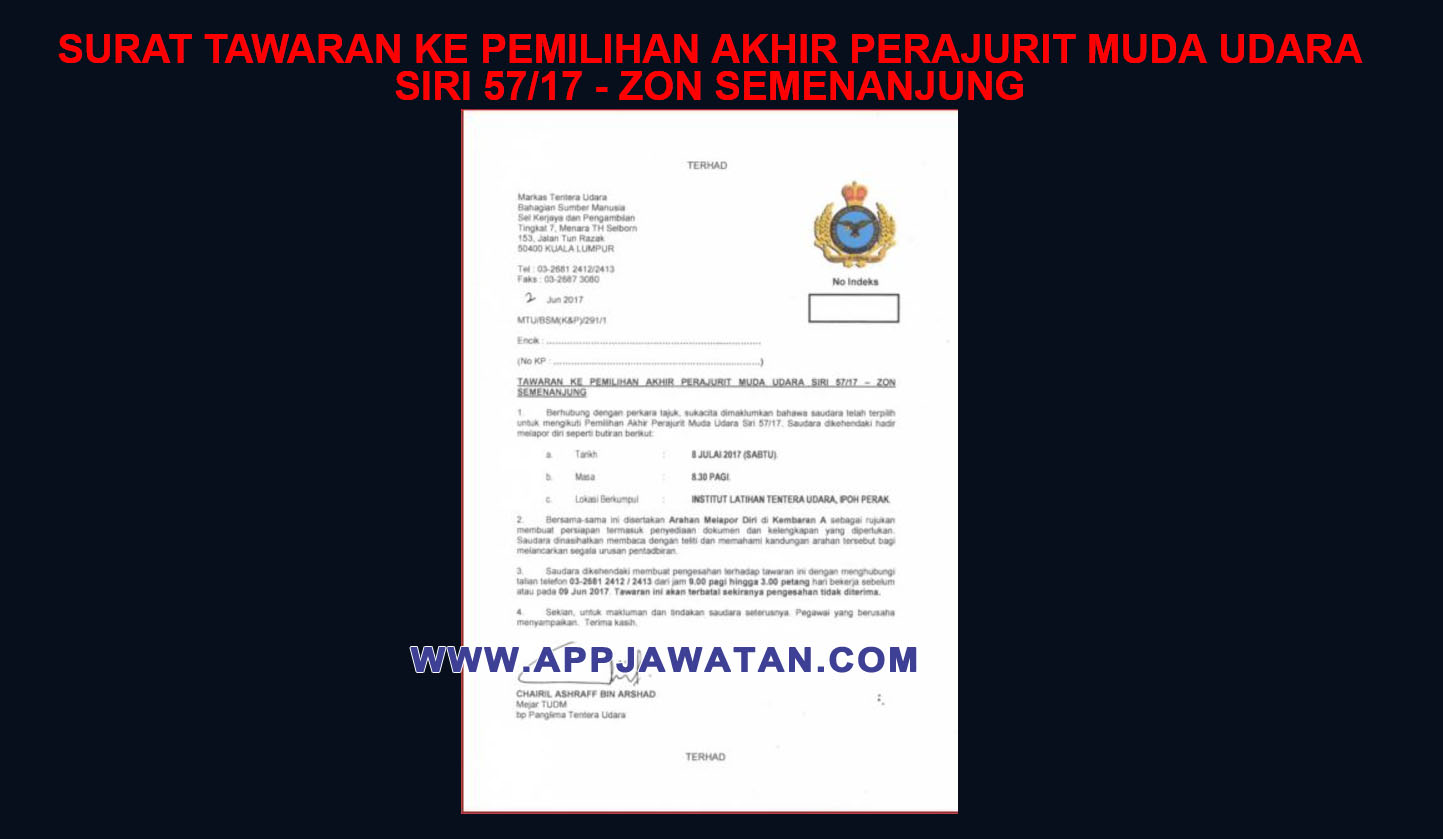 SURAT TAWARAN KE PEMILIHAN AKHIR PERAJURIT MUDA UDARA SIRI 