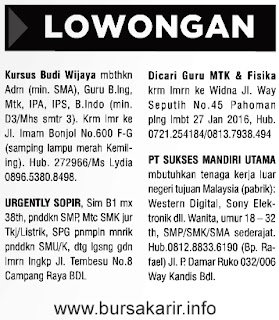 Info Lowongan Iklan Baris Harian Tribun dan Lampost terbaru