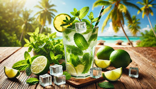 Refreshing mojito cocktail with mint and lime on a wooden table