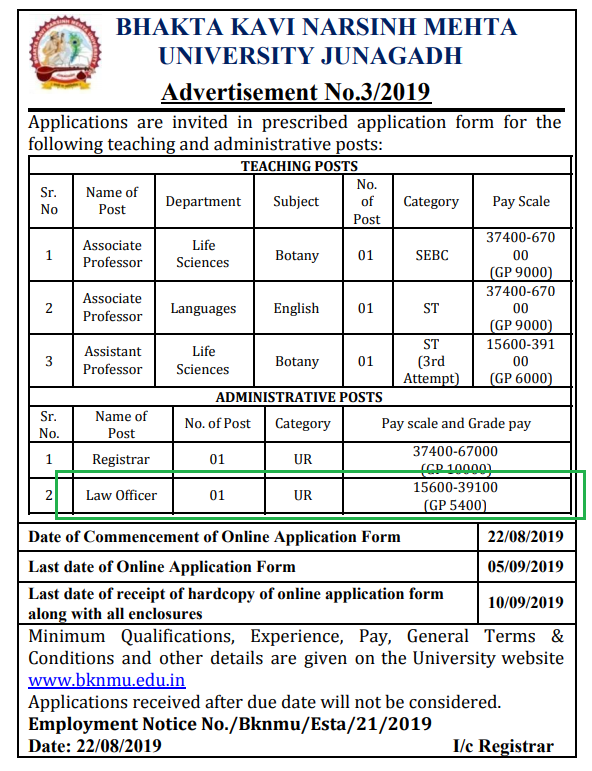 Law Officer at Bhakta Kavi Narsinh Mehta University - last date 05/09/2019