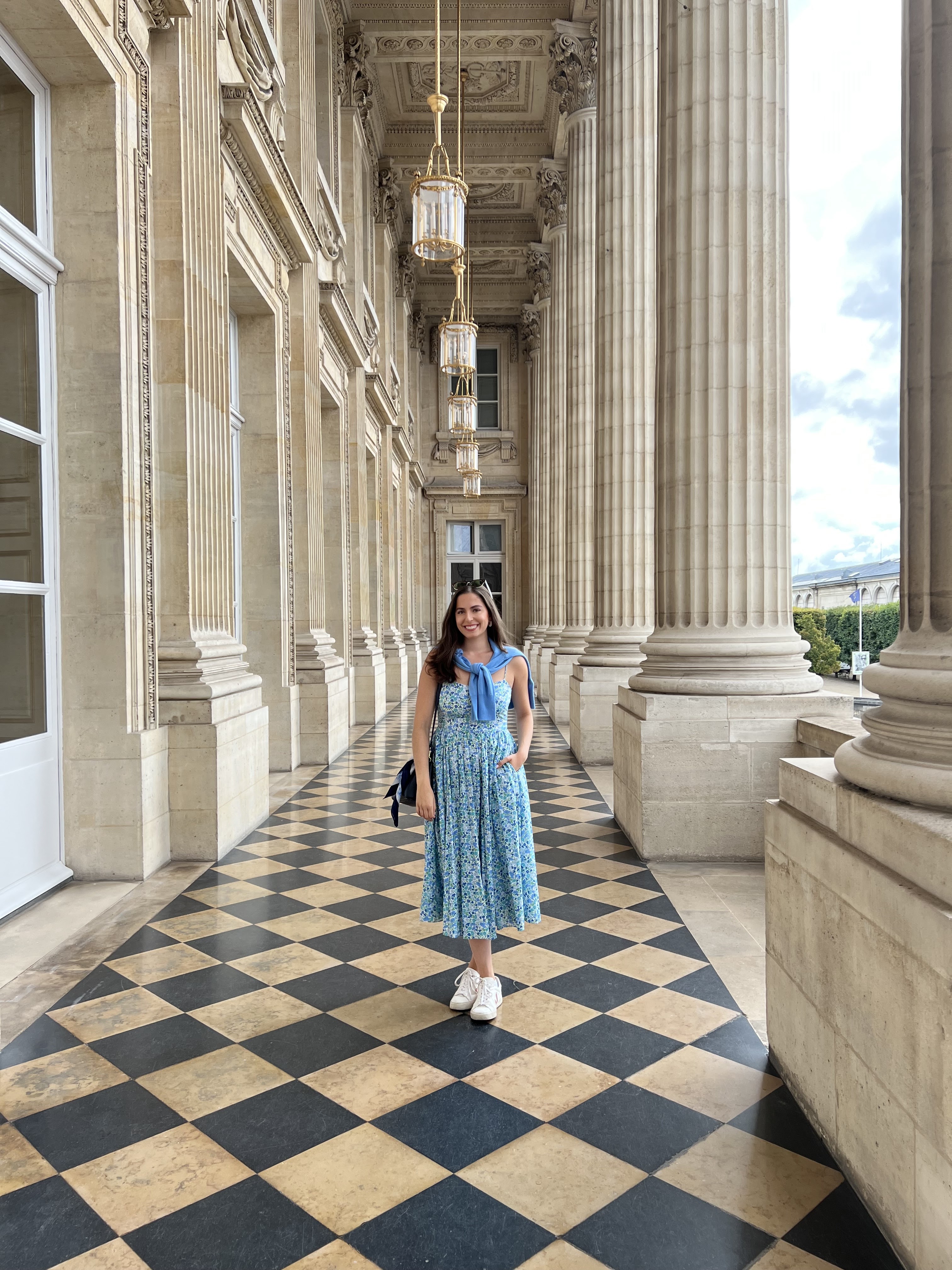 what to wear in paris in summer, summer outfit, paris summer outfit, midi dress, floral dress, floral midi dress, jcrew dress, blue cashmere sweater, paris