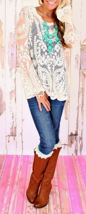 Cute Lace Blouse ,Blue Jeans With Brown Boots And Necklace