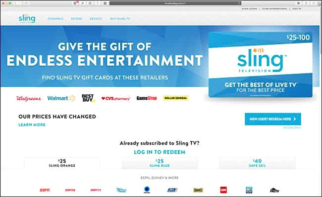 pagina di riscatto dei regali di SlingTV