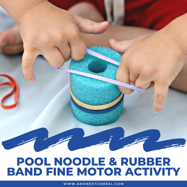 A simple pool noodle & rubber band activity for kids to work on fine motor skills
