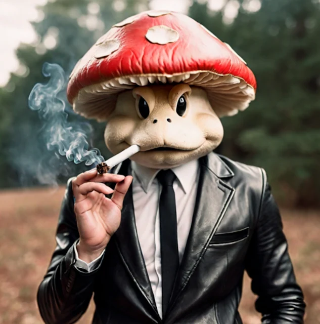 Tall realistic toad store for Mario Brothers smoking a cigar and wearing a black leather blazer