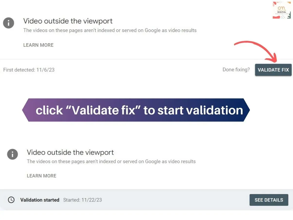 click Validate fix to start validation