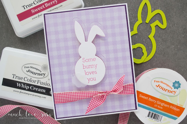 This sweet Easter Card, features the Hop Cuts Bloom Benefit, Love Bunny ATS, and Flannel Life background stamp - all from Fun Stampers Journey.  