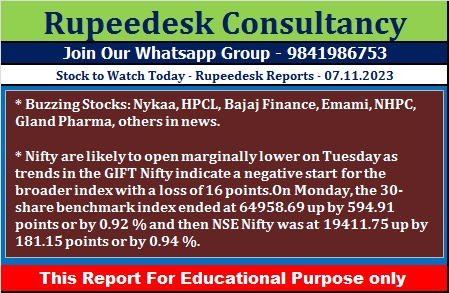 Stock to Watch Today - Rupeedesk Reports - 07.11.2023