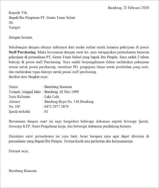 Contoh Surat Lamaran Pekerjaan Untuk Penjualan Dan Retail Tanpakoma