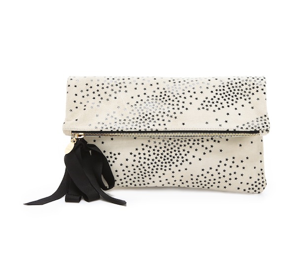 Clare Vivier Star Print Fold Over Clutch With Grosgrain Ribbon Tassel In Creme