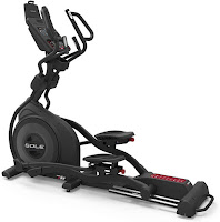 Sole E95 Elliptical Trainer, features reviewed, with 27 lb flywheel, ECB resistance, power adjustable incline, 10 programs, Bluetooth, 10.1" TFT LCD screen, ergonomic adjustable foot pedals