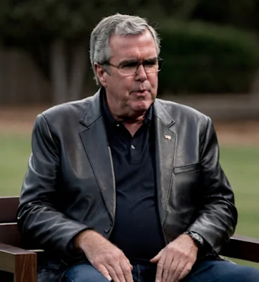 Jeb Bush wearing a black leather blazer sitting outside on a bench