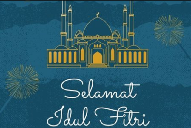 selamat hari raya idul fitri dengan masjid dan kembang api