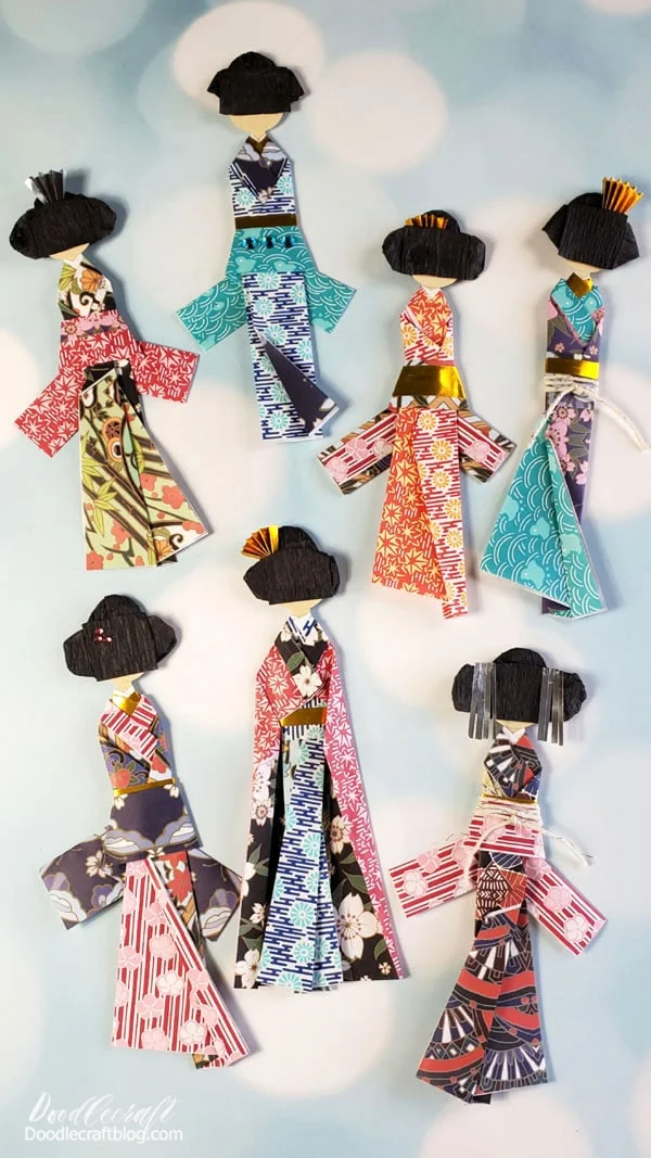 Make different dress shapes, add a cape instead of a tie back, add layers and other details.   Again the book I am referencing showcases men, children and multiple varieties of women.   It's a great starting point to make these little Japanese dolls and then get creative with making little families for wall art, making all your friends in a line up...or sticking in a colorful book.
