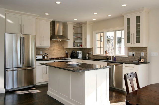small kitchen ideas with white cabinet and dark floor