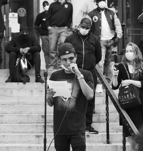 Recording artist Niko Brim speaks at Mount Vernon City Hall in New York during "We Can't Breathe" rally on Tuesday, June 2, 2020.