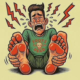Neuropathy Pain in Both Feet is no joke! Cartoon man holding his feet while experiencing peripheral neuropathy pain.