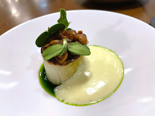 British farm-to-table dining Michelin starred Roganic Causeway Bay Hong Kong - Marjoram brined cabbage, soy and miso glazed shimeji, wasabi