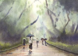 雨の公園　水彩画。　雨の日の上野公園を題材に雨に煙る風景を描きました。