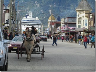 Skagway street scene.  There are carriage rides and shuttles if you choose to get around by other than foot.