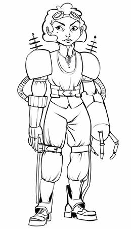 A character with short hair, goggles, and augmented clothing - armor with radar antennae, a claw hand, and braces at the knees.