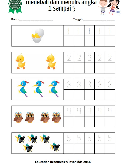 Tracing dan menulis 5 angka persheet 1-5 - edukasi anak