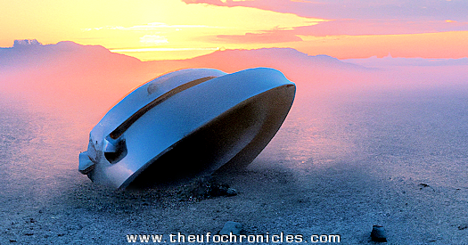 Illustration by www.theufochronicles.com of Crashed Flying Saucer in the New Mexican Desert