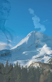 Picture of the book cover depicting a faint human image, with a snow-covered mountain in the background