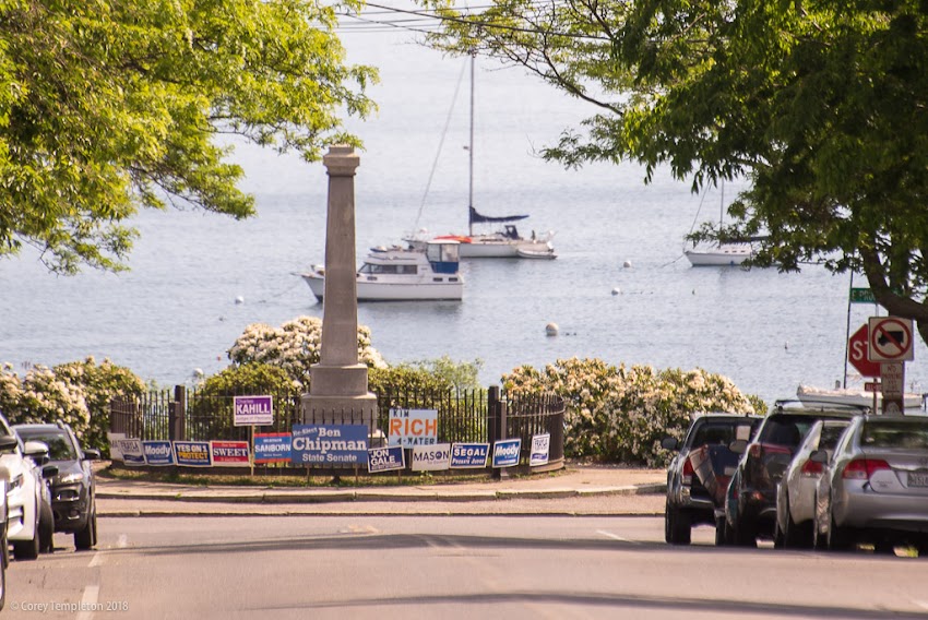 Portland, Maine USA June 2018 photo by Corey Templeton . Looking down Congress Street to the Obelisk Memorial to George Cleeves, one of the first settlers in what was then Machigone Neck.