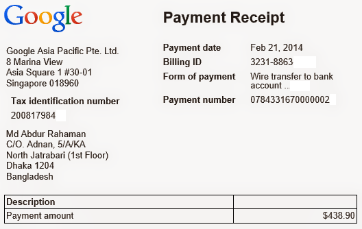 Google AdSense Wire Transfer Receipt