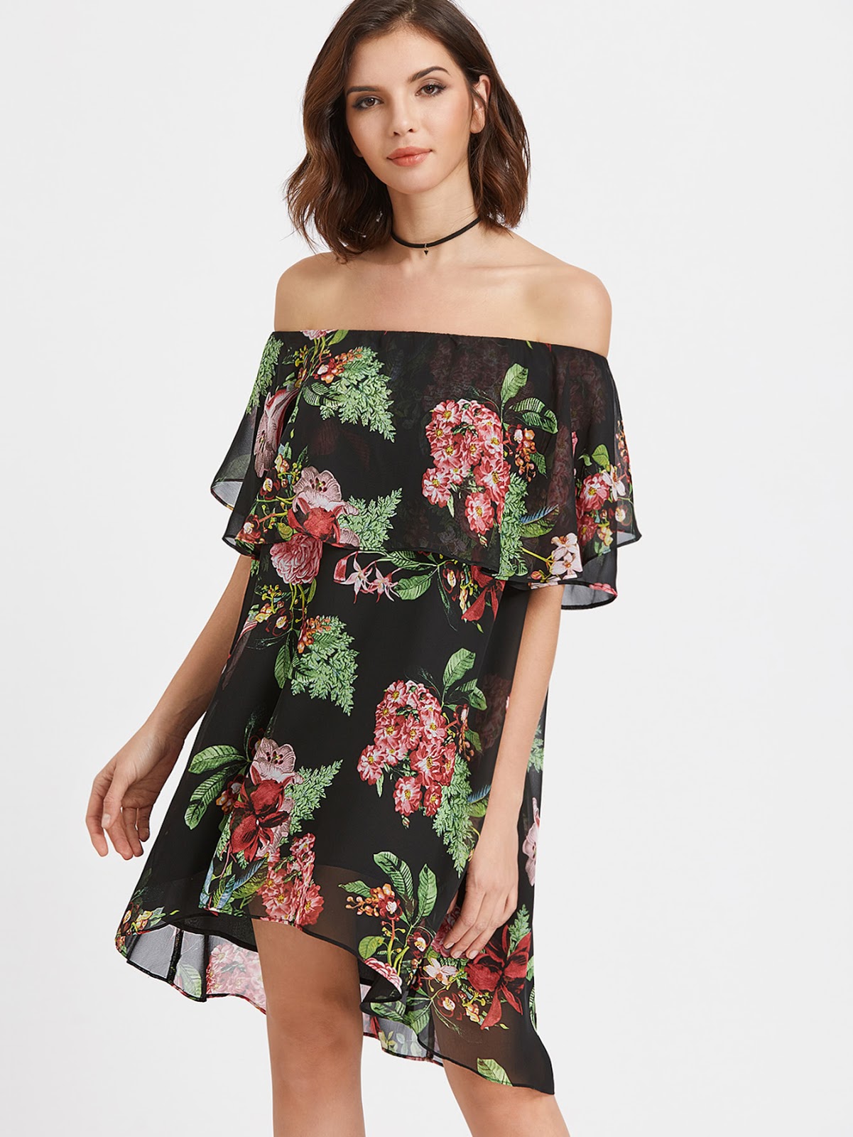  Black Flower Print Ruffle Off The Shoulder Dress