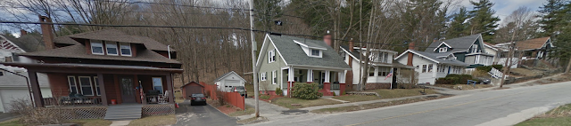 color streetview photo of Seven kit houses from the Aladdin Homes company, along Lake Street, in Auburn, Maine