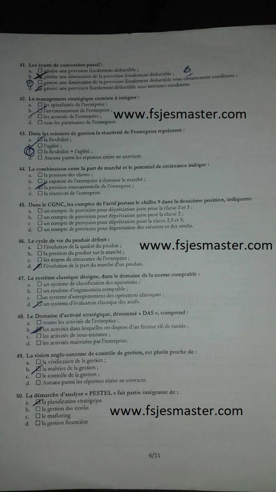 Exemple Concours d'accès au Master Gestion Financière Comptable et Fiscale (GFCF) 2017-2018 - Fsjes Agdal