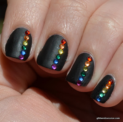 31cd2013, 31 day challenge, nail art, black nail art, black nails nail art, matte black, rhinestones, rhinestones nail art, rainbow, rainbows, rainbow nail art